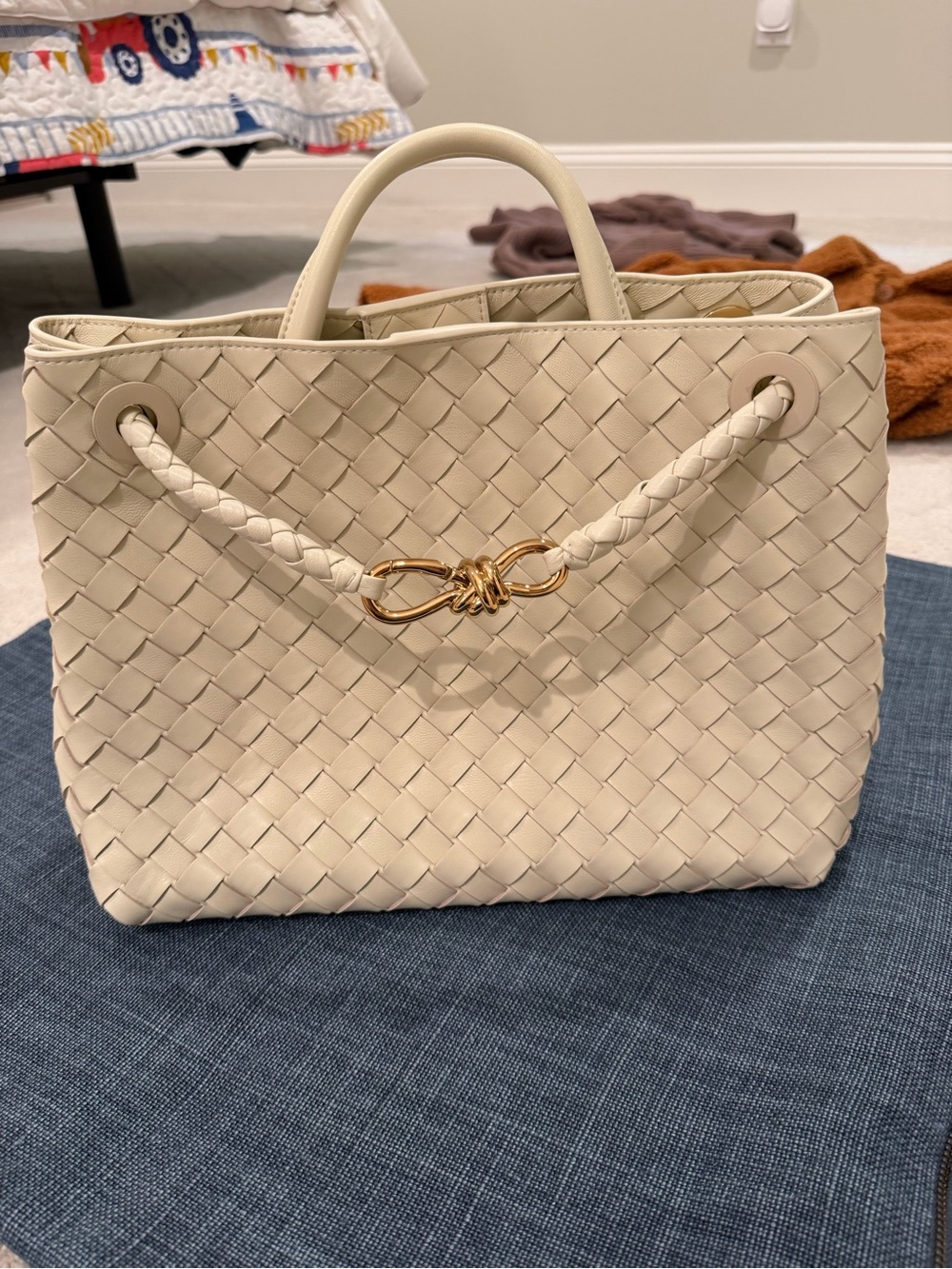Woven Leather Top-Handle Tote in Cream with Gold Accent